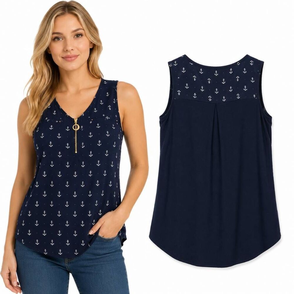 Jewelty PM Navy Anchor Print Sleeveless Zip Tank Top